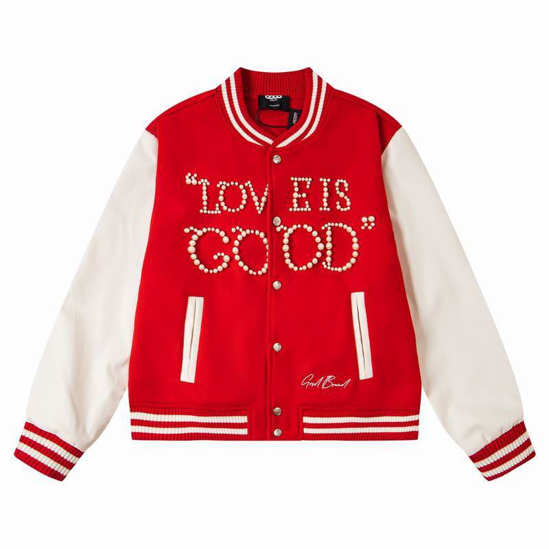 Love Is Good' Pearl-Embellished Varsity Jacket – Red & White